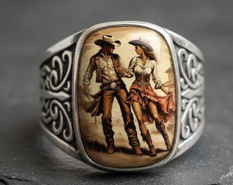Chevalière art cowboy, oeuvre d'art western faite à la main, bague cowboy cowgirl en argent sterling, cadeau pour amateur de rodéo, bijoux western de Style vintage