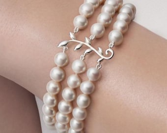 Freshwater Pearl Bracelet, natural pearl, 925 sterling silver bracelet,Sterling Silver Leaf Design, anniversary gift, Christmas gift for her