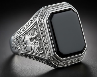 Men's Black Onyx Signet Ring, Vintage Engraved Silver Ring, Gothic Jewelry Gift for Him, Bold Gemstone Statement Ring, Malachite Signet Ring
