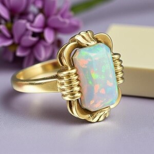 May include: A gold ring featuring a rectangular opal gemstone. The opal displays a play of color with flashes of green, pink, and blue. The ring has an ornate, textured gold setting with decorative elements.