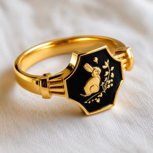 Vintage kaninsignetring, svart emaljguldring, djursymbolsmycken, söt kaninring för kvinnor och män, handgjord stjärnteckenspresent