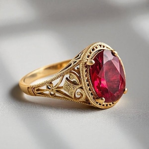 Peut inclure: Une bague en or avec une pierre précieuse rouge foncé de forme ovale. La bague présente des détails de filigrane complexes autour de la pierre précieuse et le long de l'anneau. Le sertissage a un design vintage et orné.