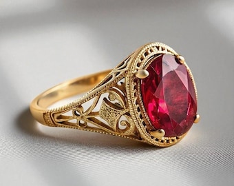 Ruby Filigree Gold Ring,Victorian Style Ruby Gold Statement Ring, Timeless Ruby Heirloom Ring with Filigree Craftsmanship, Ring for Women's