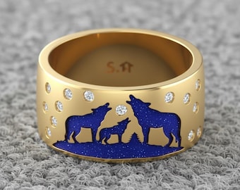 Diamond Ring, Wolf Ring for Men, Gold Wide Band Ring with Howling Wolves, Nature Animal Jewelry, Moon and Wolf Ring, Gift for Him or Her