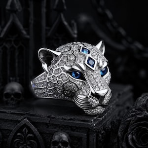 Princess Cut Blue Topaz Panther Diamonds Ring, Luxury Leopard Ring with Blue Eyes, Gold Statement Ring, Big Cat Statement Ring, Men's Ring