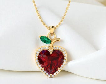 Garnet Heart Necklace, Red Crystal Heart Jewelry with Green Leaf, Elegant Gift for Women, Anniversary, Birthday, Valentine’s Gifts Jewelry