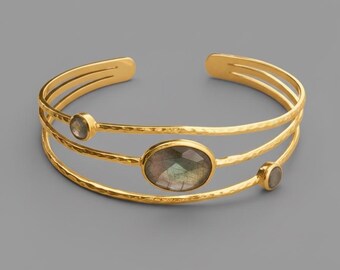 Labradorite Gemstone Bracelet,Labradorite Cuff Bracelet 925 Sterling Silver Hammered Bangle, Natural Gemstone Jewelry Boho Chic Gift for Her