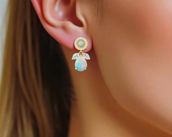 Natural Opal Angel Earrings, Diamond Halo Earrings, October Birthstone Jewelry, Teardrop Opal Earrings for Women, Dainty Angel Wings Gifts