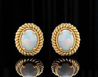 Natural Opal Stud Earrings, Oval White Opal Earrings for Women, Gold Filled Rope Design Earrings, October Birthstone Gift,Classic Opal Studs