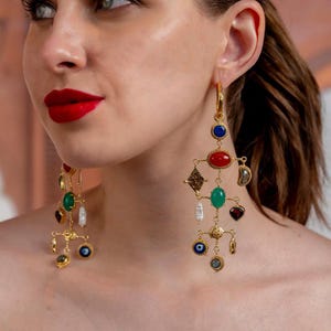 Boho Gemstone Dangle Earring: Gold-Plated Sterling Silver, Mixed Stone Charm