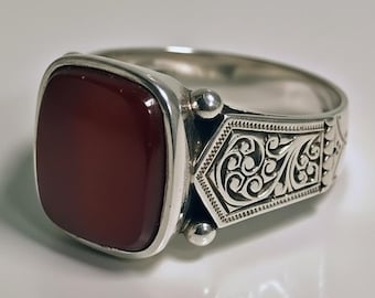 Pierścionek z karneolu w stylu vintage dla mężczyzn, pozłacany pierścień sygnetowy, obrączka z grawerunkiem retro, biżuteria z kamieniami szlachetnymi o duchowej ochronie, pierścionki męskie