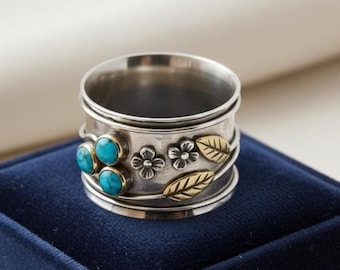 Natural Turquoise Silver Ring, Unique Christmas Ring, Boho Statement Ring, Mixed Metal Floral Band, Anxiety Fidget Ring Gifts for Her or Him