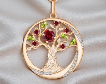 Diamond Tree of Life Pendant Necklace, Gold Family Tree Jewelry with Red & Green Birthstones, Crystal Moon Circle Necklace, Meaningful Gifts