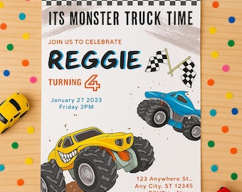 MONSTER TRUCK INVITATION – Kids Party - truck theme birthday -  Digital Download