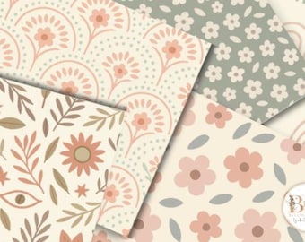 May include: A collection of floral and botanical patterned papers in soft pastel colors. Designs include flowers, leaves, and eye motifs in shades of peach, beige, and sage green. The papers are arranged in a layered composition.
