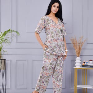 Cotton Co-ord Set for Women | Summer Loungewear Set | Printed V Neck Top with Pants | Casual 2 Piece Outfit