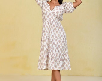 Floral Block Print Cotton Midi Dress: Backless Boho Summer Dress
