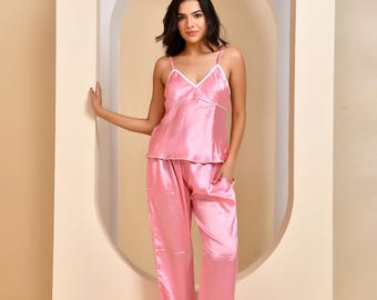Pink Satin Cami Pajama Set: Luxe Loungewear with White Piping