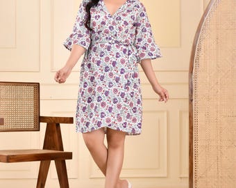 Handblock Cotton Wrap Dress: White Floral Print, Bell Sleeves