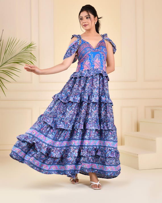 silk paisley maxi dress Blue Paisley Maxi Dress: Crepe Silk Ruffled Boho Gown
