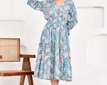 Blue Paisley Cotton Midi Dress: Hand-Block Print Boho Summer Dress