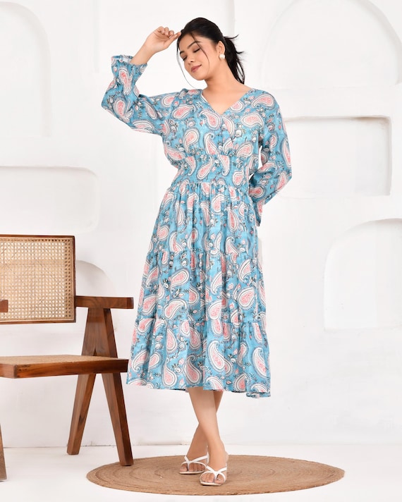 Blue Paisley Cotton Midi Dress: Hand-Block Print Boho Summer Dress