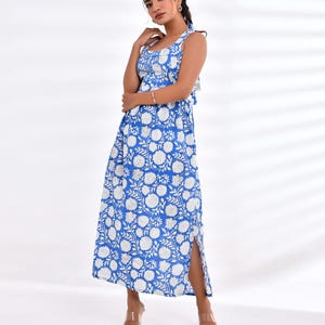 Blue Floral Halter Neck Cotton Maxi Dress | Summer Beach Boho Dress for Women, Gift For Her