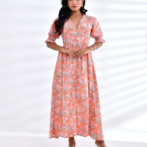 Peach Floral Maxi Dress with Front Slit & Button-Down Style, Valentines day gift