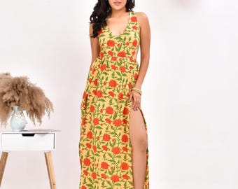 Yellow Floral Maxi Dress: Deep V-Neck Tie-Back Sundress