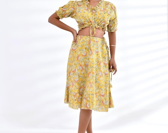 Yellow Floral Co-ord Set, Crop Top & Skirt | Puff Sleeves | Summer Brunch Outfit
