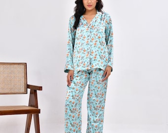 Conjunto de pijama de cetim floral: Loungewear azul | Loungewear com cordão na cintura
