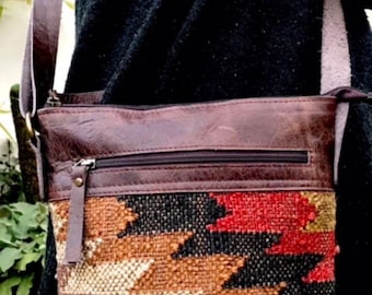 Handmade kilim & Leather shoulder handbag trendy classic crossbody bag rug design unique texture everyday Carry-on for Man and Women Handbag