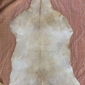 May include: A large, irregularly shaped piece of tanned leather, primarily off-white with subtle brown and tan markings. The hide is laid out on a textured, reddish-pink fabric, showcasing its natural form and variations in color and texture.