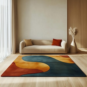 Hand-Tufted Wool Blend Abstract Rug: Teal, Burnt Orange, & Ochre