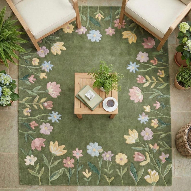 Hand Tufted Wool Green Floral Area Rug, Botanical Garden Carpet ...