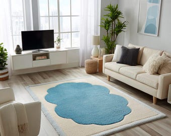 Blue Cloud Wool Rug: Hand-Tufted Kids Room Carpet, Grey Border