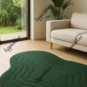 Handmade Wavy Wool Rug: Green Contour Carpet, Earth-Inspired Decor