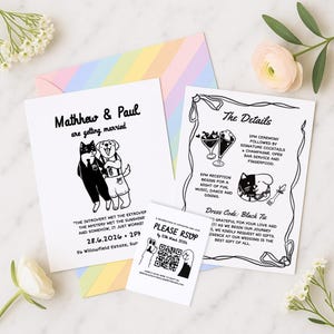 Gay Hochzeitseinladung Set-Vorlage LGBTQ Freundliche Mr + Mr Schwarze Katze Golden Retriever Paare Einzigartige Handgezeichnete Scribble Illustration BG02