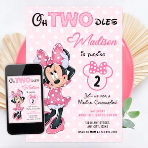 Oh TWOdles Minnie Mouse Birthday Invitation, Minnie Mouse Party Celebration, Minnie Mouse Girl 2nd Birthday Invitation