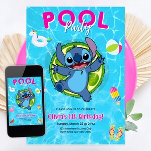 Editable Stitch Pool Party Birthday Invitation, Lilo and Stitch Pool Party Invitation, Stitch Pool Party Invite, Canva Template