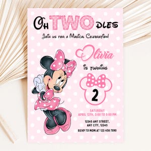 Oh TWOdles Minnie Mouse Birthday Invitation, Watercolor Minnie Mouse Pink Party Invitation, Pink Minnie Mouse 2nd Birthday Party Invite