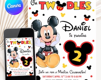 Oh Twodles Mickey Mouse 2nd Birthday Invitation (5x7 Inches, Canva Template)
