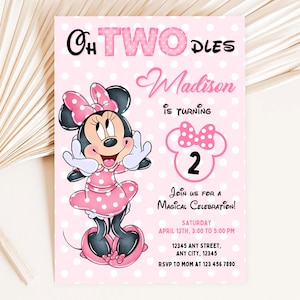 Oh TWOdles Minnie Mouse Birthday Invitation, Watercolor Minnie Mouse Pink Party Celebration, Minnie Mouse Girl 2nd Birthday Invitation