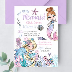 Mermaid Birthday Invitation, Under the Sea Girl Birthday Invite, Ocean Theme Mermaid Party Invitation