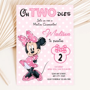 Oh TWOdles Minnie Mouse Birthday Invitation, Watercolor Minnie Mouse Pink Party Invitation, Minnie Mouse 2nd Birthday Invitation
