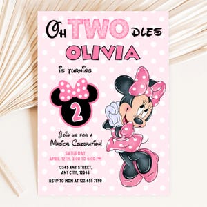 Oh TWOdles Minnie Mouse Birthday Invitation, Watercolor Minnie Mouse Pink Party Invitation, Pink Minnie Mouse 2nd Birthday Invitation