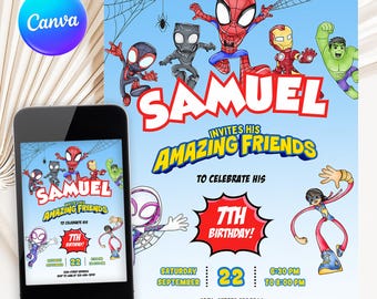 Spidey Birthday Invitation, Superhero Birthday Party Invite: Editable Canva Template