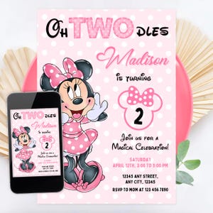 Oh TWOdles Minnie Mouse Birthday Invitation, Watercolor Minnie Mouse Pink Party Celebration, Minnie Mouse Girl 2nd Birthday Invitation