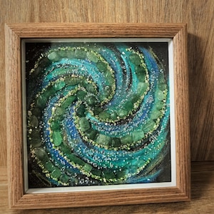 Viridescent Nebula Crystal Art: Handcrafted Inlay, Wood Frame