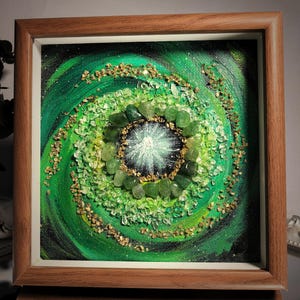 Viridescent Nebula Crystal Art: Handcrafted Inlay, Wood Frame